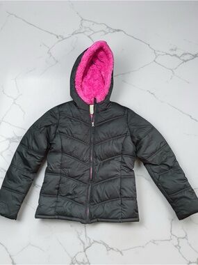 Faded Glory Black Puffer Jacket with Hot Pink Sherpa Hood Lining